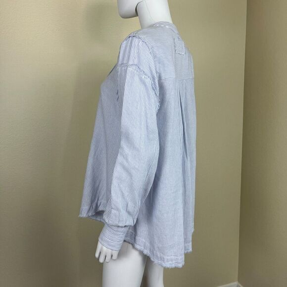 Free People Womens Size S Blue Pinstripe Sky Combo Edge Washed Tunic Blouse Boho - Picture 11 of 14